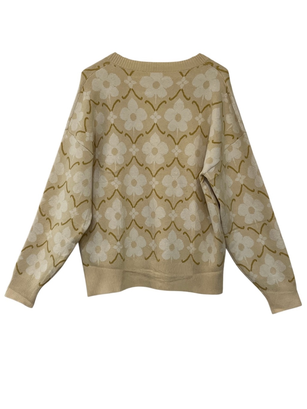Floral Retro Knit Button Cardigan Sweater Beige Cream Large - Picture 5 of 9